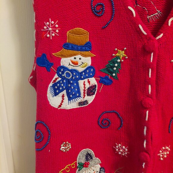 Vintage Bobbie Brooks Ugly Christmas Sweater Vest Red Beaded Snowman Sz Medium - Picture 3 of 7